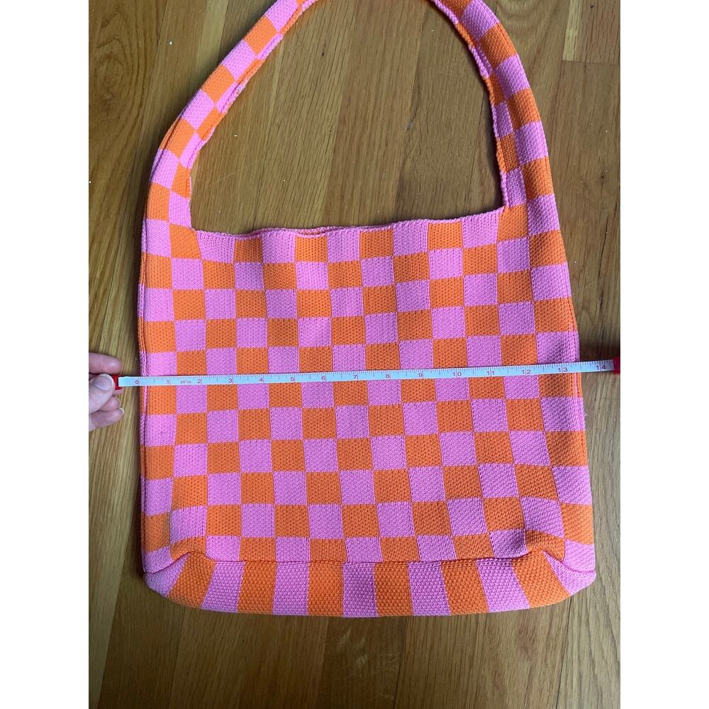 Kopari Knit Mini Tote Pink Orange 11" tall x 13.5" wide Retro Funky Checkered - Picture 6 of 7
